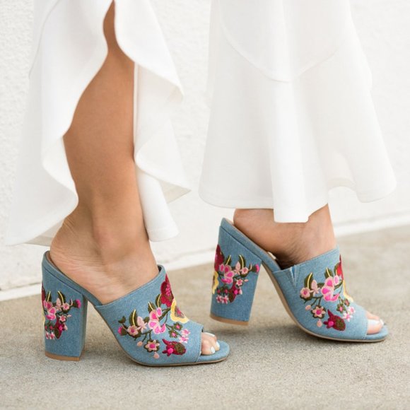 Shoe Dazzle Shoes - Shea Floral Embroidered Block Heel in Denim, 7.5